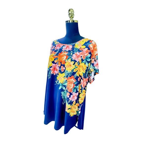 JM Collection Tropical Floral Top XXL Navy Blue Yellow - Picture 1 of 6